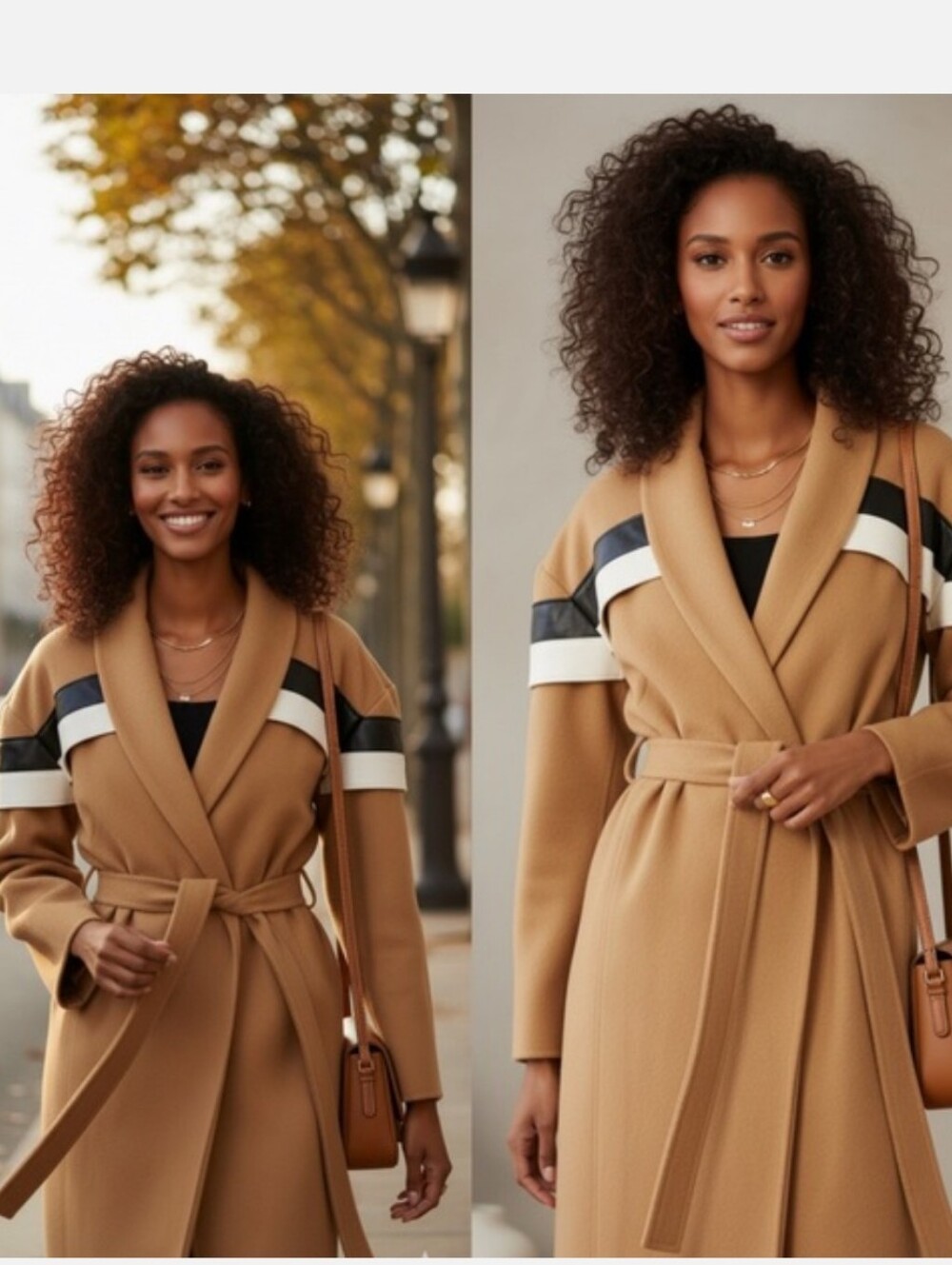 Women’s Camel Belted Wrap Coat with Stripe Detail Size XL
